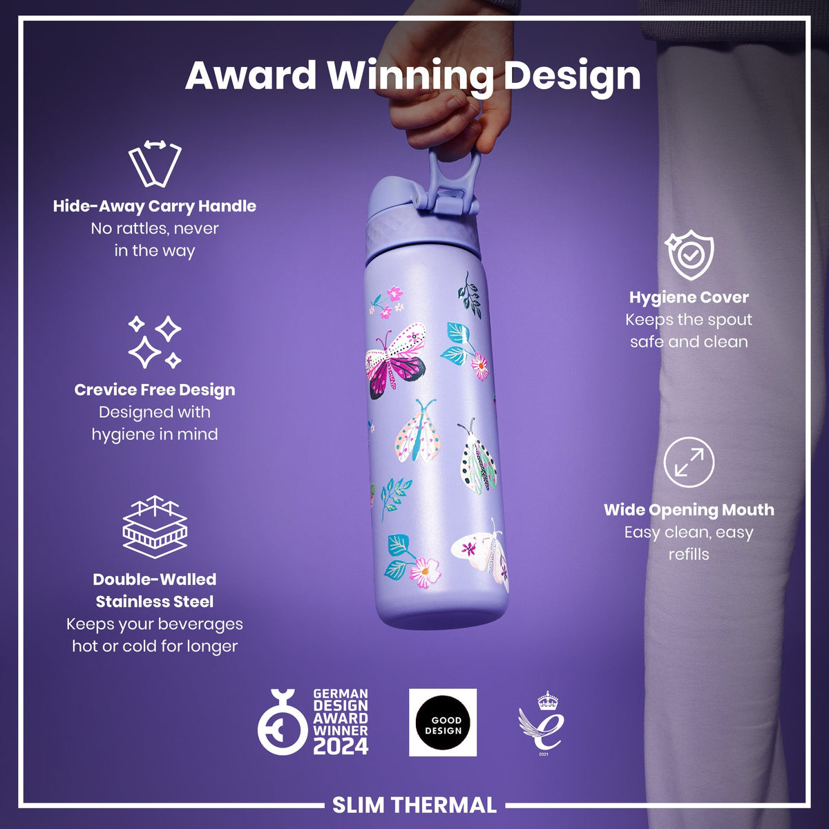 A lilac, butterfly-patterned water bottle is held; its features include a hide-away handle, crevice-free design, wide mouth, and double-walled stainless steel construction. It's an award-winning design.