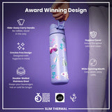 A lilac, butterfly-patterned water bottle is held; its features include a hide-away handle, crevice-free design, wide mouth, and double-walled stainless steel construction. It's an award-winning design.
