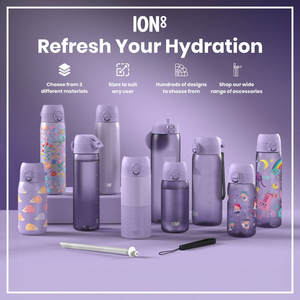 Several purple water bottles, of varying sizes and designs, are displayed on a lavender surface. They are showcased alongside a straw and carrying strap. The text reads "ION8 Refresh Your Hydration", detailing material choices, sizes, designs, and accessories.