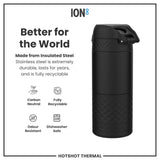 A black insulated steel thermos stands against a white background; it's made from durable, recyclable material, and is dishwasher safe. The text also states it is carbon neutral and odour resistant.
