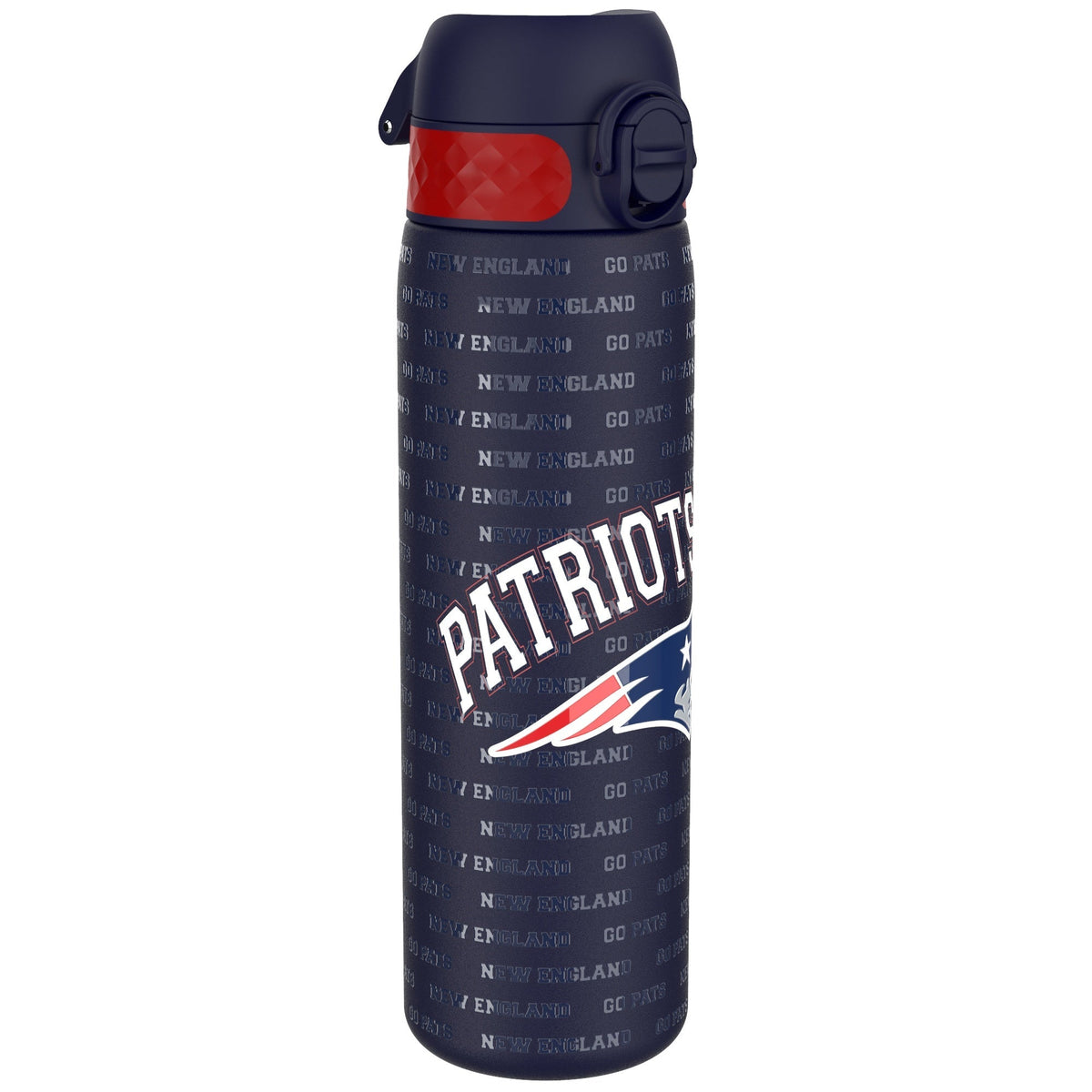 A dark-blue water bottle, featuring the New England Patriots logo and repeated "New England" and "Go Pats" text, stands against a white background.