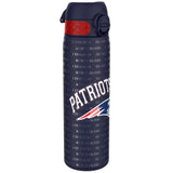 A dark-blue water bottle, featuring the New England Patriots logo and repeated 