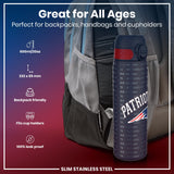 A slim stainless steel water bottle, featuring a New England Patriots design, rests in a backpack pocket. It's 600ml/20oz, 232 x 65 mm, backpack and cupholder friendly, and 100% leak proof.