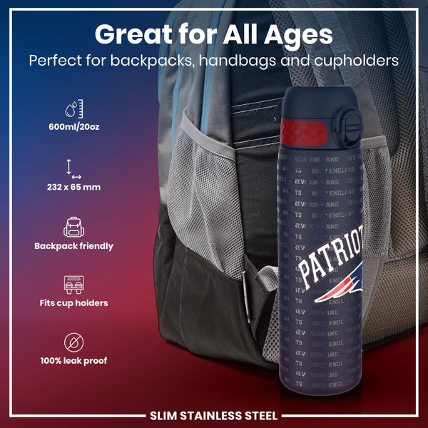 A slim stainless steel water bottle, featuring a New England Patriots design, rests in a backpack pocket. It's 600ml/20oz, 232 x 65 mm, backpack and cupholder friendly, and 100% leak proof.