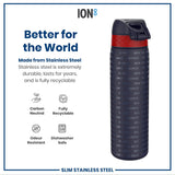 A stainless steel water bottle sits against a white background. It features a dark-colored body with a red band and repeated text, 