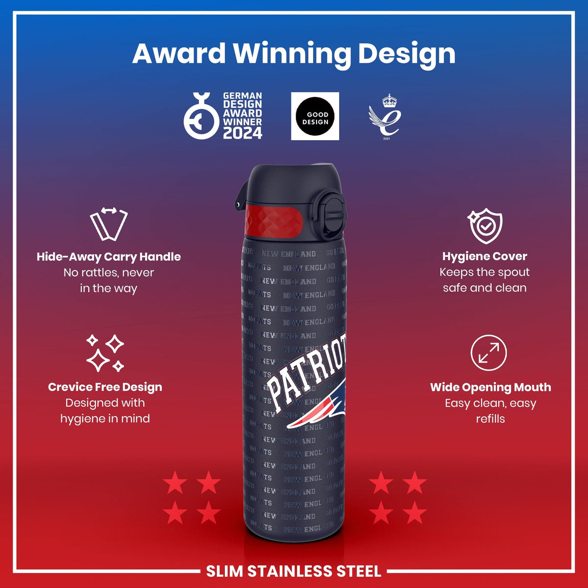 A slim stainless steel water bottle, featuring a wide mouth and hide-away handle, displays a New England Patriots design; it is shown against a red and purple background, highlighting its award-winning design and hygienic features.