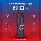 A slim stainless steel water bottle, featuring a wide mouth and hide-away handle, displays a New England Patriots design; it is shown against a red and purple background, highlighting its award-winning design and hygienic features.
