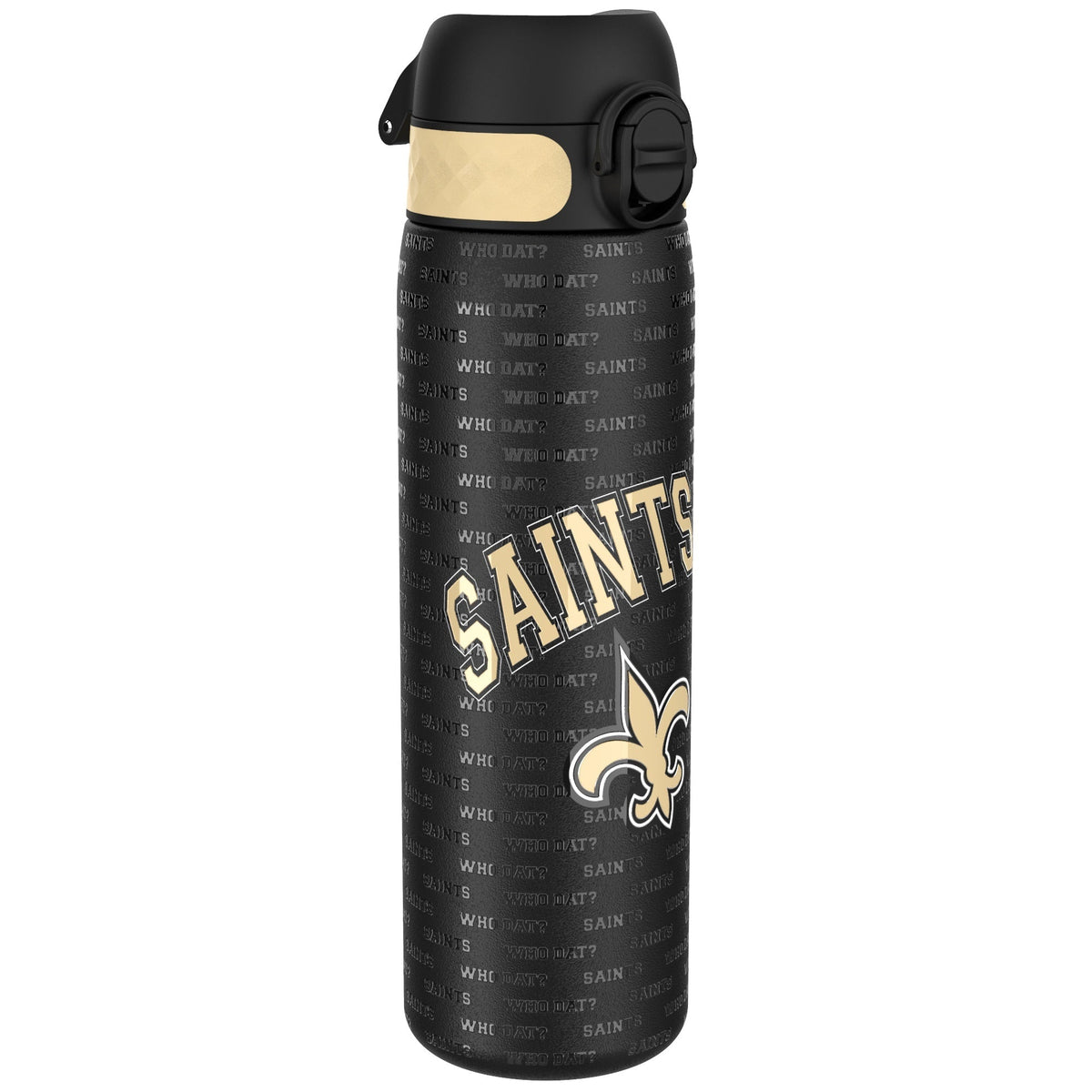 A black water bottle, featuring a beige band and "Saints" and "Who Dat?" text, stands on a white background.