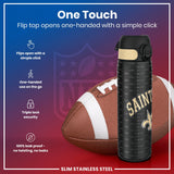 A New Orleans Saints-themed water bottle, with a flip top that opens one-handed, rests beside a football. The bottle features a triple lock security and is 100% leak-proof. The text on the bottle repeatedly says 
