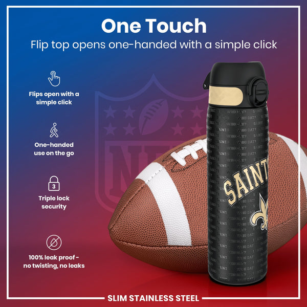 A New Orleans Saints-themed water bottle, with a flip top that opens one-handed, rests beside a football. The bottle features a triple lock security and is 100% leak-proof. The text on the bottle repeatedly says "Saints" and "Who Dat?".