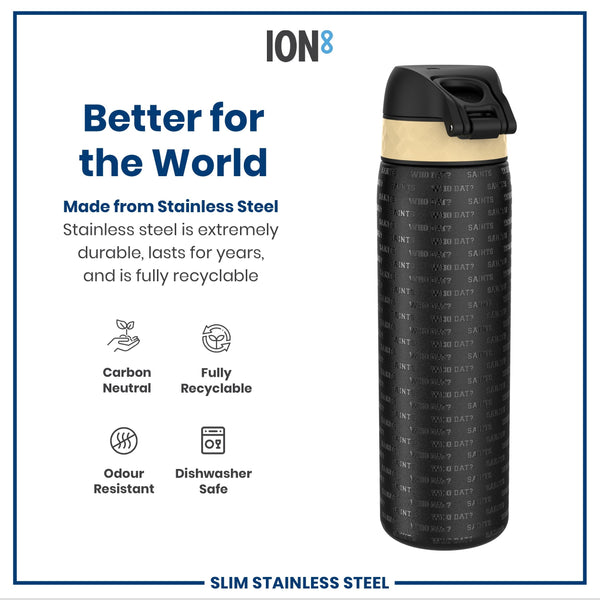 A stainless steel water bottle sits on a white background. The bottle is black with a beige band and features repeated text: "Saints Who Dat?". Marketing copy highlights its durability, recyclability, and other features.