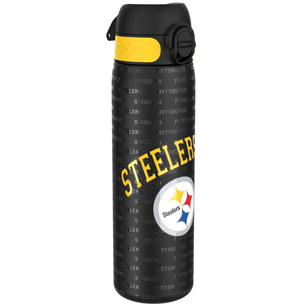 A black water bottle with a yellow band and Steelers logo sits against a white background. The bottle is covered in a repeating pattern of “Steelers” and “Pittsburgh.”
