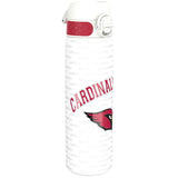 A white water bottle, featuring a red Cardinal logo and repeating text, sits against a white background. The text includes 