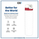 A stainless steel water bottle stands upright. Its body is white with embossed text; the cap is white and red. The background includes text advertising its durability and recyclability. 
