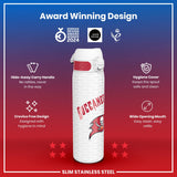 A slim stainless steel water bottle, featuring a Buccaneers design, sits prominently displayed. It boasts a hide-away handle, crevice-free design, hygiene cover, and wide mouth. Award logos are shown.