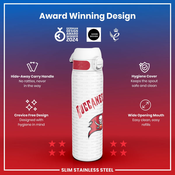 A slim stainless steel water bottle, featuring a Buccaneers design, sits prominently displayed. It boasts a hide-away handle, crevice-free design, hygiene cover, and wide mouth. Award logos are shown.
