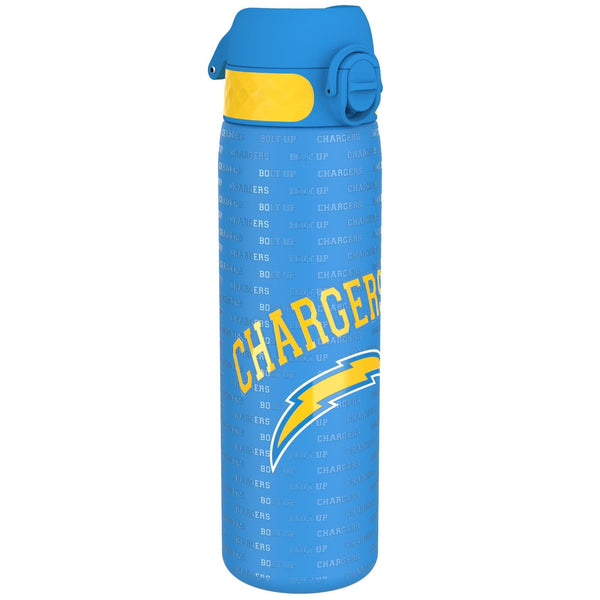 A blue water bottle, featuring the Los Angeles Chargers logo and repeated “Bolt Up” text, sits against a white background.