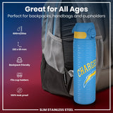 A blue water bottle, featuring the repeated text 