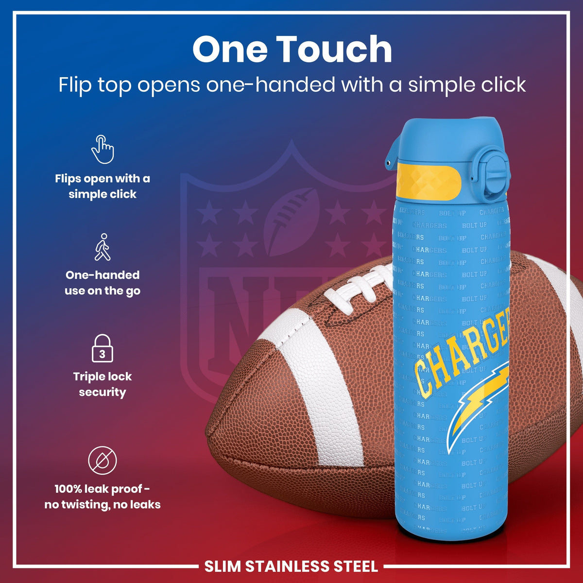 A blue water bottle, featuring a flip top and Chargers logo, rests near an American football. The bottle opens one-handed with a simple click; it's leakproof and has triple lock security. The background displays NFL branding.