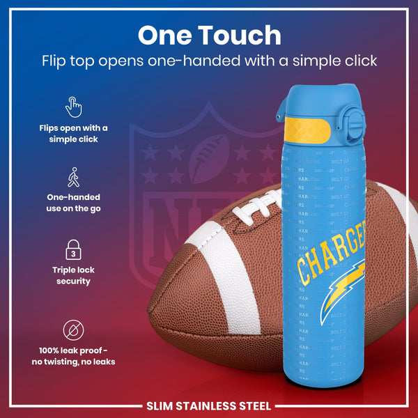 A blue water bottle, featuring a flip top and Chargers logo, rests near an American football. The bottle opens one-handed with a simple click; it's leakproof and has triple lock security. The background displays NFL branding.