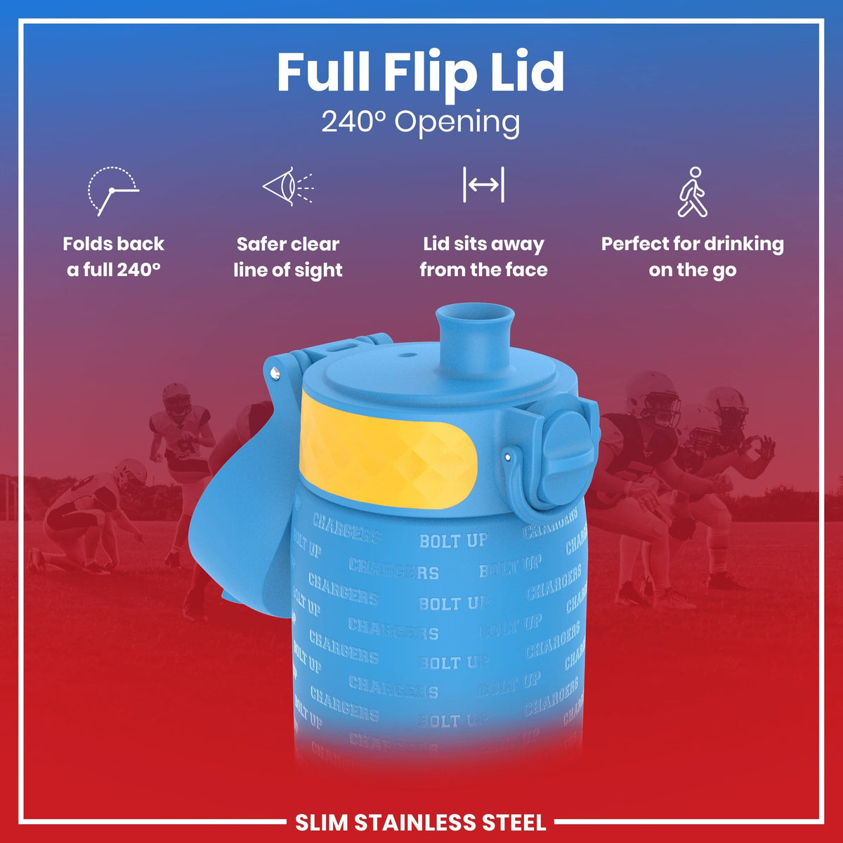 A blue water bottle with a yellow accent and "CHARGERS" and "BOLT UP" printed on its surface, features a 240° flip lid, is shown against a blurred background of American football players.
