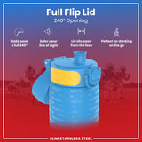 A blue water bottle with a yellow accent and 