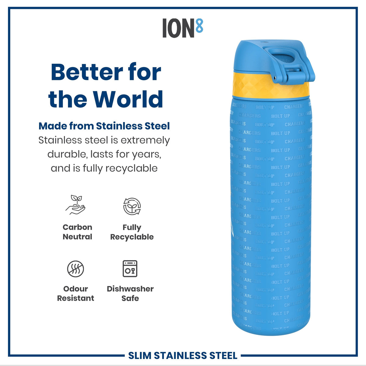 A stainless steel water bottle stands upright; it's blue with yellow accents and repeating text, "CHARGERS BOLT UP," advertising its durability and recyclability.
