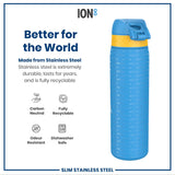 A stainless steel water bottle stands upright; it's blue with yellow accents and repeating text, 