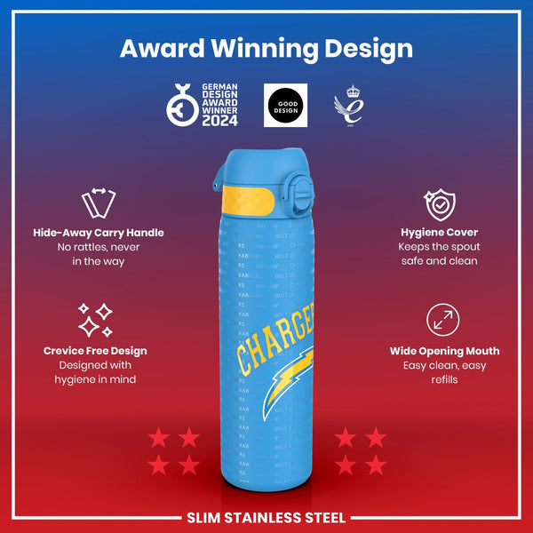 A blue, slim stainless steel water bottle, featuring a lightning bolt graphic and text, is displayed against a red and blue background; it advertises several design features and awards.