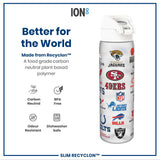 A water bottle, featuring various NFL team logos, stands against a white background. It is made from a plant-based polymer, BPA-free, odour-resistant, and dishwasher-safe. The bottle is described as “Better for the World” and “Made from Recyclon™”.