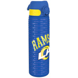 A blue water bottle, featuring the Los Angeles Rams logo and repeated 