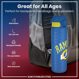 A blue, cylindrical water bottle, featuring Rams' logo and text, rests in a backpack's mesh pocket. The bottle is 600ml/20oz, 232 x 65 mm, backpack and cupholder friendly, and leakproof.