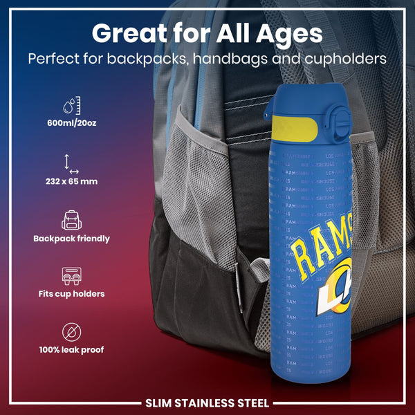 A blue, cylindrical water bottle, featuring Rams' logo and text, rests in a backpack's mesh pocket. The bottle is 600ml/20oz, 232 x 65 mm, backpack and cupholder friendly, and leakproof.