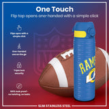 A blue, Los Angeles Rams-themed water bottle with a flip top sits beside a football. The bottle's top opens one-handed; it's leak-proof and features triple-lock security. The setting is a promotional graphic.