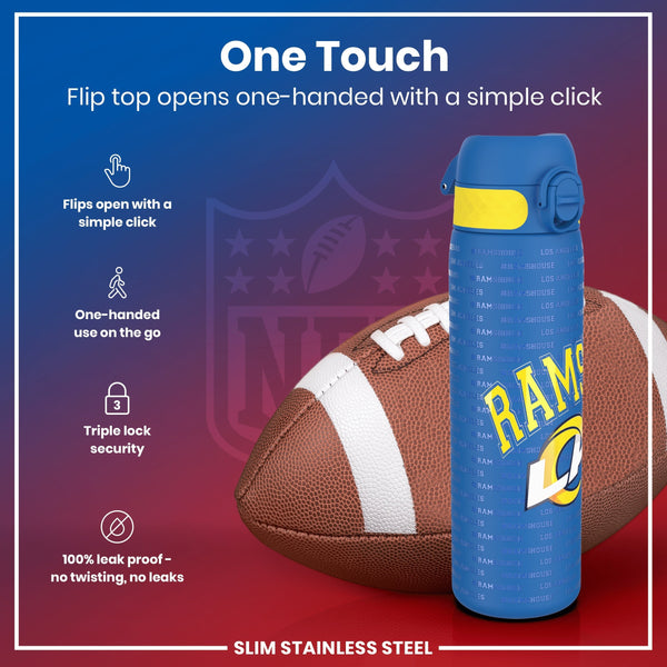 A blue, Los Angeles Rams-themed water bottle with a flip top sits beside a football. The bottle's top opens one-handed; it's leak-proof and features triple-lock security. The setting is a promotional graphic.