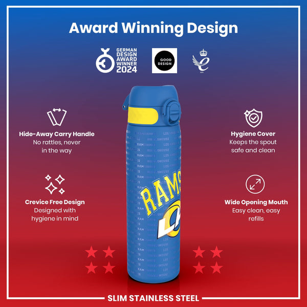 A blue and yellow water bottle displays the Los Angeles Rams logo, featuring a hide-away handle and a hygiene cover. It's shown against a red and purple background, highlighting its award-winning design.