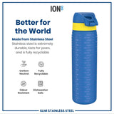 A stainless steel water bottle, featuring a blue body and yellow band, displays repeated text; it sits against a white background with text highlighting its durability and recyclability.