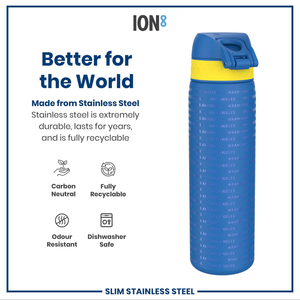 A stainless steel water bottle, featuring a blue body and yellow band, displays repeated text; it sits against a white background with text highlighting its durability and recyclability.