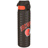A water bottle stands against a green background. It is dark brown with orange accents, featuring repeated 