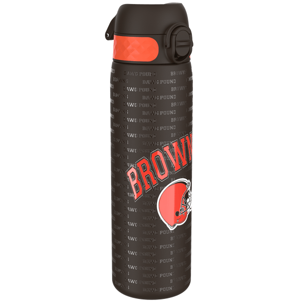 A water bottle stands against a green background. It is dark brown with orange accents, featuring repeated "Browns" and "Dawg Pound" text, and a football helmet graphic.