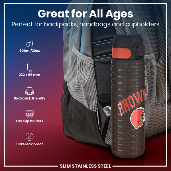 A slim stainless steel water bottle, fitting in a backpack pocket, is shown. It's 600ml/20oz, 232 x 65 mm, backpack and cupholder friendly, and 100% leak proof. The bottle's design includes repeated "Dawg Pound Browns" text and a Browns logo.