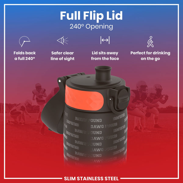 A dark gray, slim stainless steel water bottle with a 240° flip lid, rests against a blurred background of football players. The bottle has "Browns Dawg Pound" repeated on its side. "Full Flip Lid 240° Opening" is prominently displayed.