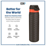 A stainless steel water bottle sits on a white background; it is dark-colored with orange accents and text. The bottle is described as carbon neutral, fully recyclable, odour resistant, and dishwasher safe. The text on the bottle reads 