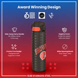 A slim stainless steel water bottle, featuring a hide-away handle and a wide opening mouth for easy cleaning, is shown against a red and purple background; it displays multiple award logos.