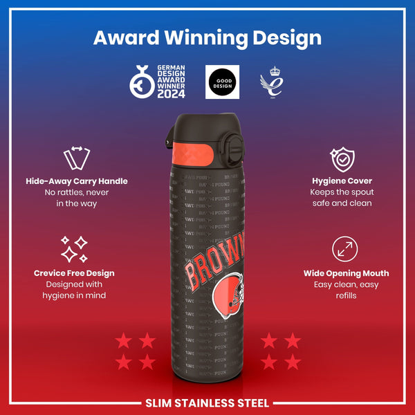 A slim stainless steel water bottle, featuring a hide-away handle and a wide opening mouth for easy cleaning, is shown against a red and purple background; it displays multiple award logos.