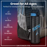 A black water bottle, featuring Carolina Panthers branding, rests in a backpack pocket. It's 600ml/20oz and 232 x 65mm, backpack and cupholder friendly, and 100% leak-proof.