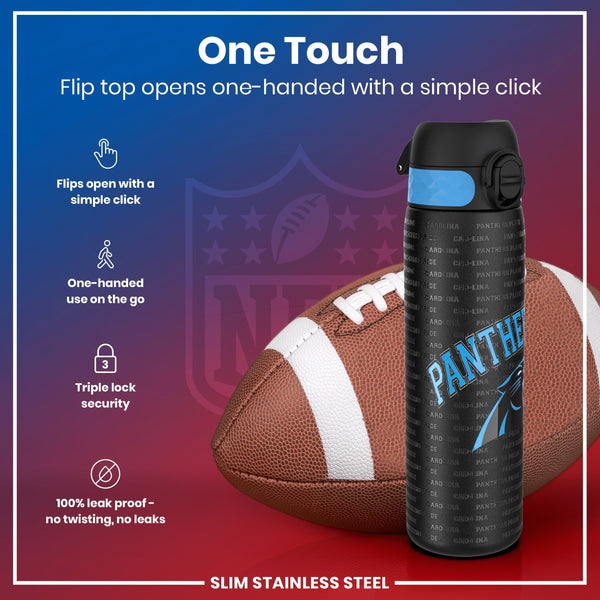 A water bottle rests against a football. Its flip top opens one-handed. The bottle is slim, stainless steel, and leakproof; it features Carolina Panthers branding.