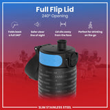 A black and blue water bottle with a 240° flip lid is shown; the lid folds back for easy, safe drinking; the bottle is displayed against a background of American football players. 