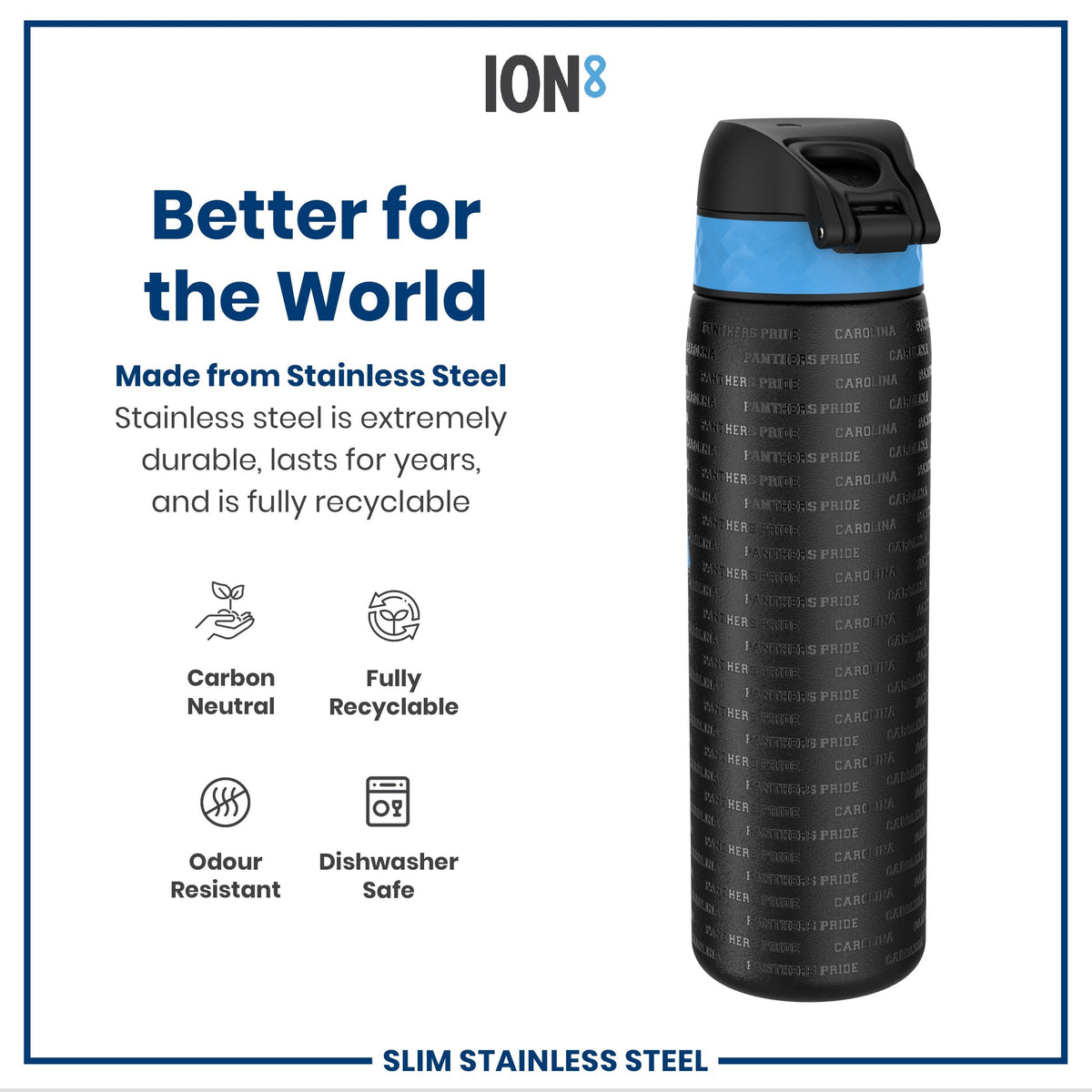 A stainless steel water bottle sits against a white background. The bottle is black with a light blue band and repeating text. The text reads: “PANTHERS PRIDE CAROLINA.” Marketing text promotes its durability, recyclability, and other features.