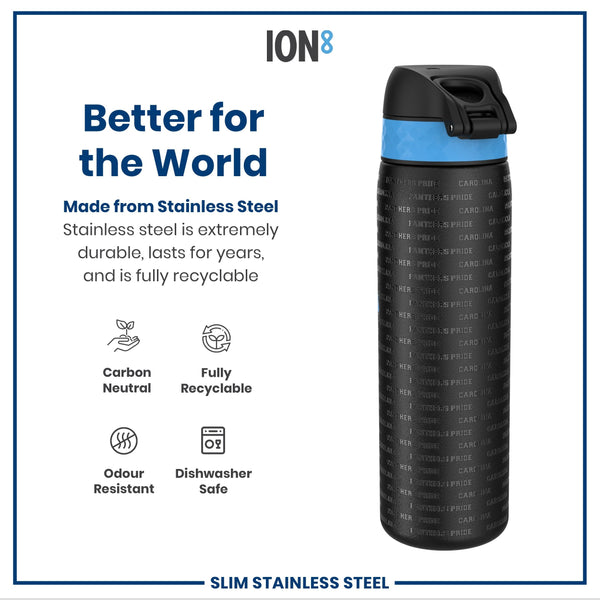 A stainless steel water bottle sits against a white background. The bottle is black with a light blue band and repeating text. The text reads: “PANTHERS PRIDE CAROLINA.” Marketing text promotes its durability, recyclability, and other features.